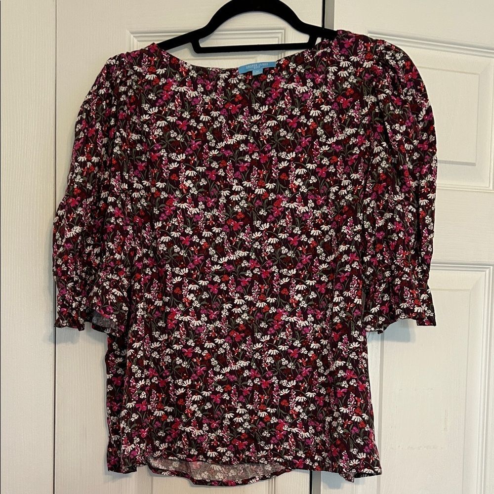 DRAPER JAMES RSVP Womens Cropped Ruffled Top Plum Multi Floral Size Medium - Picture 2 of 9